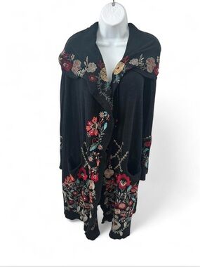 Black Embroidered Floral Open-Front Cardigan